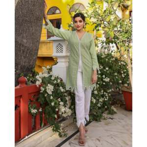 Conjunto de Kurta de Chifón Chikankari Transpirable Verde Talla XS para Mujer - Product Image 2