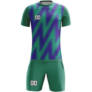 Conjunto de Uniforme de Fútbol con Estampado Geométrico Personalizado, Camiseta de Manga Corta para Hombre, Jersey de Poliéster que Absorbe la Humedad y Pantalones Cortos, Patrón Verde y Morado - Product Image 1