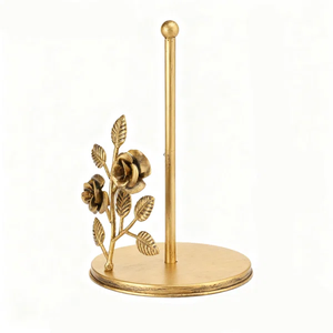 Porte-serviettes en papier en métal doré antique avec branche florale décorative en forme de rose, distributeur vertical de rouleaux de cuisine de luxe pour table - Product Image 2