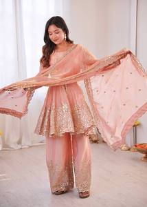 NiMa Creations Ethnic Indian Women's Traditional 3-<b>Piece</b> Heavy <b>Two</b> Tone Fandy Silk Embroidered Salwar Kameez <b>Set</b> for Wedding - Product Image 4