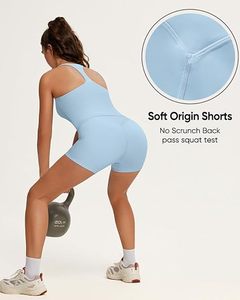 Square Neck Spaghetti Strap Seamless Yoga <b>Bodysuit</b> High Waist Solid Light Blue <b>Shorts</b> Sleeveless Four-Way Stretch Workout Outfit - Product Image 5