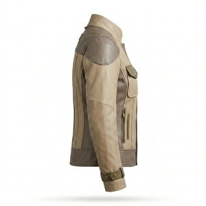 Colorblock Womens <b>Real</b> Sheepskin <b>Leather</b> <b>Jacket</b> Cargo Pocket Vintage Utility Safari Moto Rider Coat Beige Tan Brown - Product Image 3