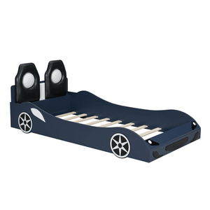 Letto a piattaforma a forma di auto da corsa blu per bambini, in legno, con luci LED e schienale imbottito - Product Image 3