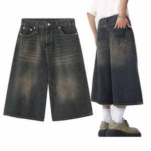 Summer Streetwear Straight Custom <b>Jorts</b> <b>Baggy</b> Distressed Dark Washed 100% Cotton Solid Denim - Product Image 1