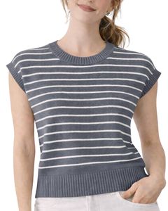 Gilet pull sans manches en tricot rayé gris et blanc pour femme, col rond, léger, décontracté, tendance été - Product Image 1