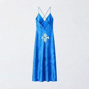 Robe longue à fines bretelles très demandée, imprimée par transfert thermique, dos croisé, couleur unie, 100 % polyester, ourlet droit pour femme - Product Image 3