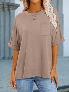 Nouveau T-shirt uni de qualité supérieure pour femme, vente en gros, vêtement décontracté d'été avec poche, couleur unie - Product Image 5