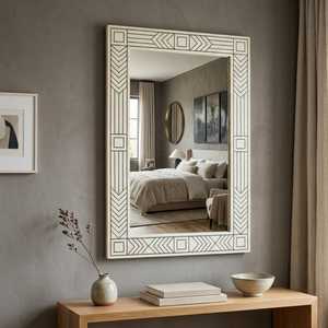 Handmade <b>Wooden</b> Decorative <b>Mirror</b> Irregular <b>Framed</b> Bohemian Style Black White Floral Design Wall <b>Mirror</b> - Product Image 3