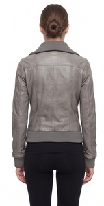 Wholesale <b>Women</b> Grey Sheep Skin Eco-Friendly Windproof Bomber <b>Jacket</b> Ribbed Trim Flight Moto Coat Custom Full Zip Utility - Product Image 4