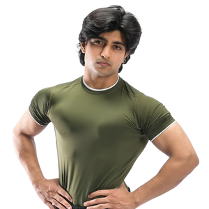 Chemise de compression athlétique olive pour homme, respirante, à séchage rapide, extensible, à manches courtes, pour l'entraînement en salle de sport, haut de sport - Product Image 1