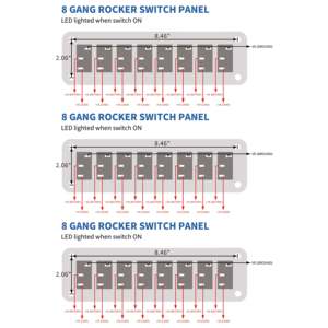 Nouveau panneau de commutateurs à bascule 8 gangs 8,46x2,06 pouces avec LED bleues sur aluminium et câblage pré-établi pour usage automobile - Product Image 5