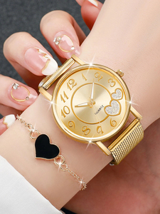 192010 2pcs/set Ladies <b>Mesh</b> Strap Quartz Wristwatch With Heart Shaped Dial and Bracelet - Product Image 3