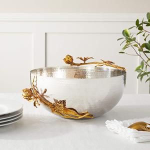 Cuenco Decorativo de Lujo Plateado Martillado con Asas de Rama Dorada, Cuenco de Aluminio para Servir, Centro de Mesa, Frutero, Decoración del Hogar - Product Image 6