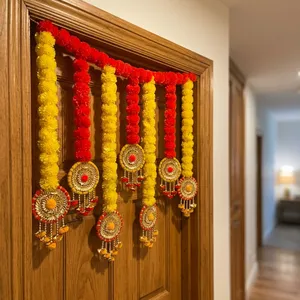 Modern Red Yellow Marigold Toran Door Hanging Eco-Friendly Plastic Flower Multi-Functional Golden <b>Floral</b> Medallions Bells Decor - Product Image 2