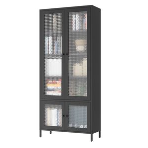 Grande armoire de rangement en métal autoportante 4 portes en verre 5 étagères grilles gaufrées verre trempé noir vitrine bibliothèque salon - Product Image 4