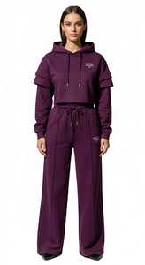 ONETEN APPAREL Women's Maroon Hooded <b>Cropped</b> Sweatshirt Wide Leg <b>Joggers</b> Set Full Sleeve Casual Loose Fit Split Hem Sporty - Product Image 3