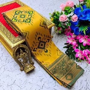 Sari Tradicional de Seda Banarasi con Borde Dorado Zari, Sari de Diseñador para Bodas Indias, Sari Étnico para Fiestas - Product Image 2