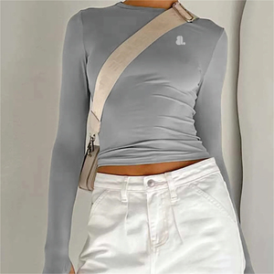 Women's Gray Long <b>Sleeve</b> <b>Crop</b> <b>Top</b> Crew Neck Slim Fit Knitted Spandex Polyester Minimalist Solid Logo Design All Seasons - Product Image 6