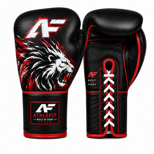 Guantes de Boxeo Athlefit de Cuero con Cordones, Diseño de León Negro y Rojo, Hechos para Pelear, Equipo de Entrenamiento para Adultos, Logotipo Personalizado - Product Image 1