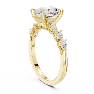 Bague de fiançailles en or jaune avec diamant de laboratoire taille ovale et pierres latérales marquise et baguette, bague de mariage - Product Image 3