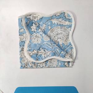 Light blue floral Four Napkins and Four Cotton Table quilted wave piped <b>Placemats</b> Indian Vintage Handmade Floral - Product Image 3