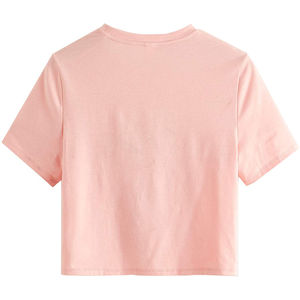 เสื้อยืดครอปสีชมพูสำหรับผู้หญิง แขนสั้น คอกลม พิมพ์ลายแฮปปี้ ลำลอง ทรงหลวม ผ้าเจอร์ซีย์คอตตอน เสื้อท่อนบนสำหรับฤดูใบไม้ผลิและฤดูร้อน - Product Image 2