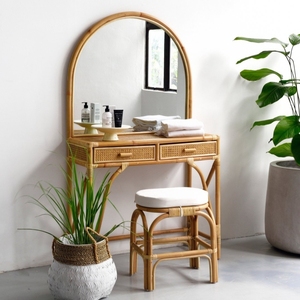 Simple Style Rattan Natural Dressing Table Set Includes Mirror and Chair Home Decor Furniture - Product Image 4