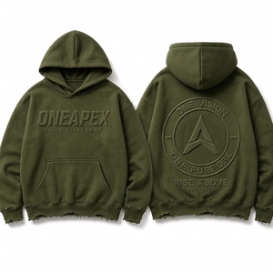Sudadera con Capucha para Hombre, Color Verde Oliva, Tejido Grueso Lavado, Estilo Oversize, Logotipo Grabado, Ropa Urbana, OEM ODM - Product Image 3