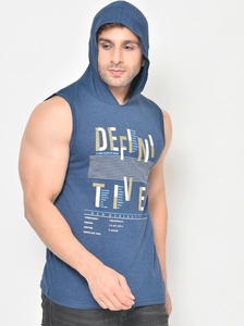 Men's Sleeveless Hooded Tank Top Blue Printed Letter Design Casual Wear Breathable Cotton Knitted O-Neck Front <b>Logo</b> - Product Image 4