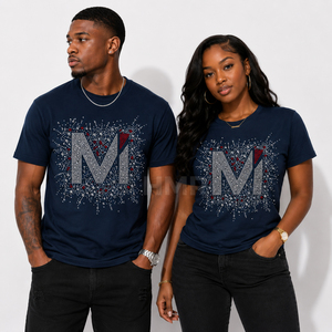 T-shirt HMR Brotherhood Sisterhood avec strass, bleu marine, motif lettre M, manches courtes, col rond, vêtement décontracté pour hommes et femmes - Product Image 1