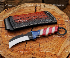 Couteau à lame fixe en acier Damas fait main, pointe Hawk Bill, avec trou pour le pouce, 7,5 pouces, qualité industrielle, manche drapeau USA, pour la chasse et les activités de plein air - Product Image 4