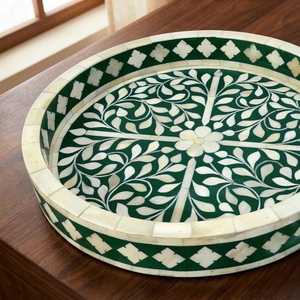Handmade Green Bone Inlay Tray Round Decorative Serving Tray Coffee <b>Table</b> Organizer Gift - Product Image 2