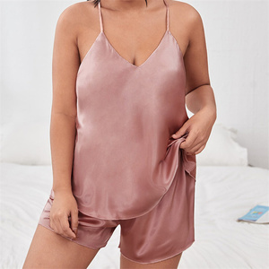 Pijama de satén para mujer, sin mangas, cuello en V, pantalones cortos negros lisos, cintura elástica, ropa de verano para estar en casa - Product Image 2