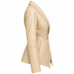 Blazer en cuir véritable beige pour femme, coupe asymétrique, col châle à rabat latéral, vêtement d'extérieur sur mesure, offre directe usine - Product Image 3