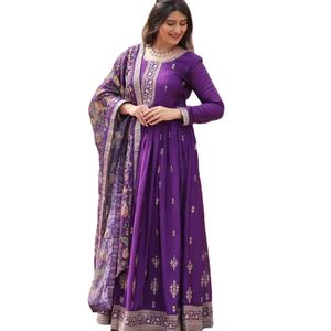 El último vestido Anarkali de trabajo de secuencia de bordado de seda Chinon de diseñador por FabZone - Product Image 1