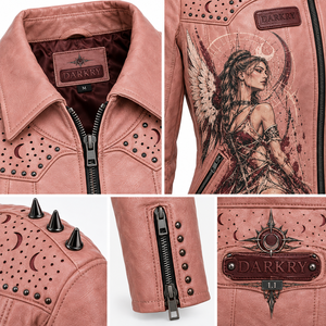 Blouson Biker Rose Poudré en Cuir Véritable pour Femme, Imprimé Croissant de Lune Personnalisé, Épaulettes Découpées au Laser, Vêtement d'Extérieur à Clous – Fournisseur - Product Image 6