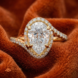 Luxury 14K Gold Pear Shaped Halo Diamond Wedding <b>Ring</b> with Twisted <b>Split</b> Band - Product Image 1