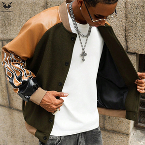Trendy Men Varsity Jacket, Wool Body PU Leather Flame Print Sleeves Streetwear Fashion Bomber Jacket Custom Brand Apparel - Product Image 2