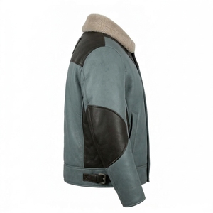 Slate Blue <b>Mens</b> Genuine Leather Shearling <b>Jacket</b> Quilted Lined Winter Warm <b>Fur</b> Collar Contrast Patch Pilot Bomber Coat Outerwear - Product Image 3