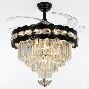 Invisible Retractable Blade <b>Ceiling</b> Fan Luxury Black <b>Crystal</b> Chandelier <b>LED</b> <b>Light</b> Fixture with Remote for Elegant Interiors - Product Image 1