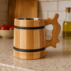 Jarra de Cerveza de Madera Hecha a Mano con Revestimiento Interior de Acero Inoxidable, Ecológica, de Madera Natural, para Bar, Pub, Restaurante y Hogar - Product Image 1