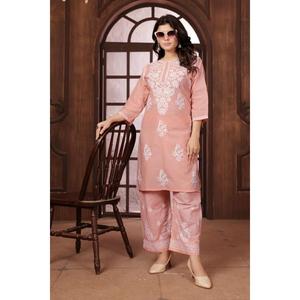 ATRACTIVO ALGODÓN POLLO BORDADO TRABAJO KURTI PALAZZO NARANJA - Product Image 1