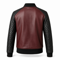 Blouson aviateur en cuir bordeaux premium pour homme avec manches matelassées contrastantes noires et bordures en tricot côtelé