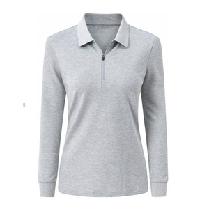 <b>Women's</b> <b>Long</b> <b>Sleeve</b> <b>Polo</b> <b>Shirt</b> Solid Grey Zip Collared Tops Casual Fit - Product Image 1