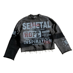 T-shirts personnalisés imprimés effet vieilli délavé à l'acide, en molleton bouclette 260 g/m², coupe ample, épais, pour hommes, à manches longues - Product Image 3