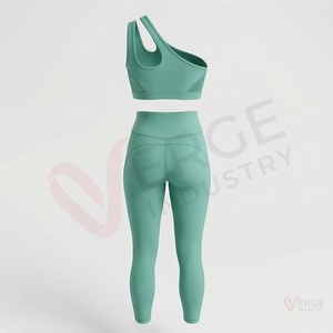 <b>Women</b> Asymmetric One Shoulder Crop <b>Top</b> High Waist <b>Mesh</b> Leggings Yoga 2 Piece Set Mint Green - Product Image 2