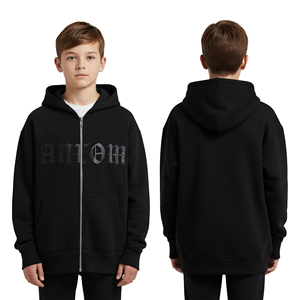 Sweat à capuche zippé noir personnalisé pour enfants, en coton épais, vierge, pour garçons, coupe oversize, avec motifs, en molleton, vente en gros fabricant - Product Image 2