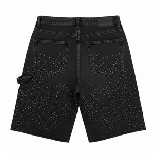 Shorts cargo en jean noir pour homme, taille mi-haute, déchirés, effet vieilli, décorés de strass, style vintage, respirants, coupe-vent, écologiques, décontractés - Product Image 3