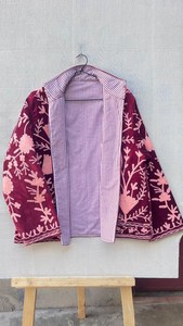 Robe en velours à col mandarin, broderie florale Suzani, manches longues, coupe ample, style vintage, tissage naturel, pour l'automne - Product Image 2