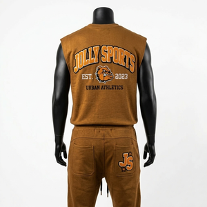 200 GSM Premium Cotton Sleeveless T Shirt Jogger <b>Pants</b> Set Brown Soft Cotton Screen Print Custom Logo T shirt and <b>pant</b> men's - Product Image 4